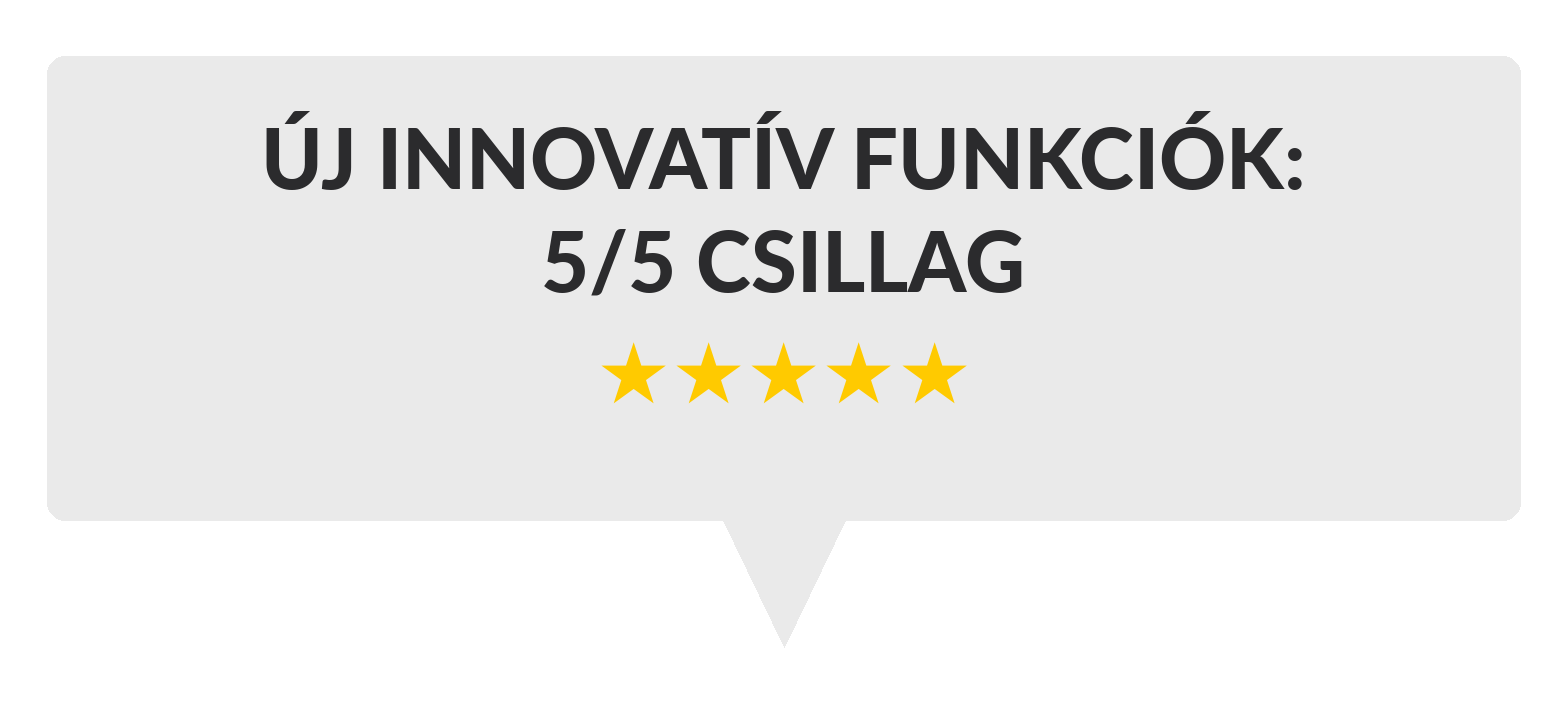 A light gray speech-bubble style graphic with Hungarian text reading 'ÜJ INNOVATÍV FUNKCIÓK: 5/5 CSILLAG' and five yellow stars below.