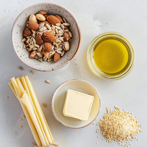 Kuvings plant-based recipe ingredients with nuts, seeds, oil, cheese and grains on a light surface for healthy homemade meals.
