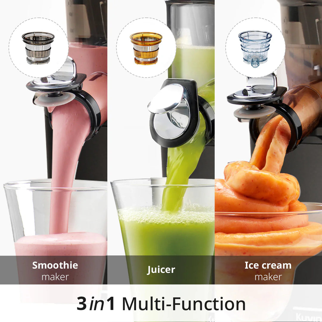 Multifunctional kitchen kuvings revo830 appliance with smoothie, juicer, and ice cream maker attachments.