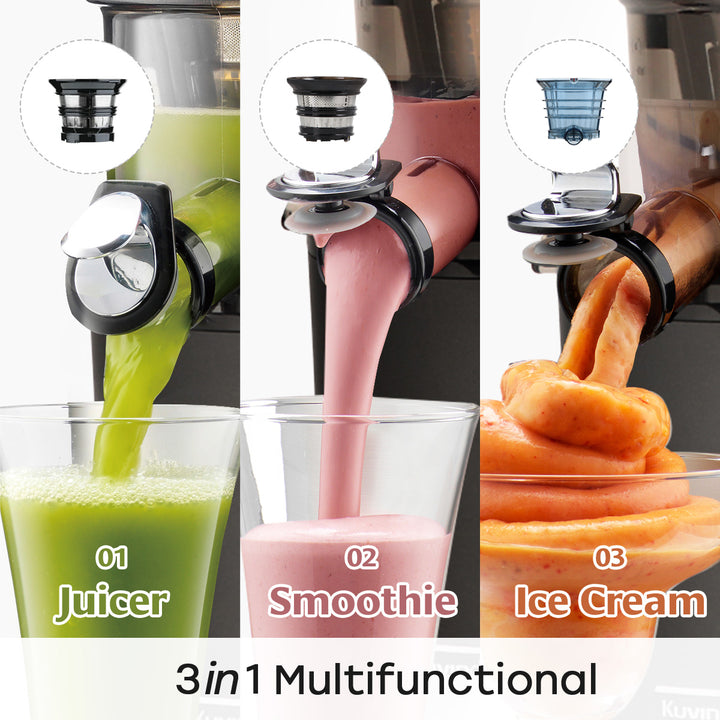 Multifunctional kitchen appliance with juicer, smoothie, and ice cream attachments.