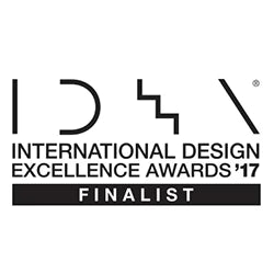 traight-on view of the official black-and-white IDEA logo badge, reading 'INTERNATIONAL DESIGN EXCELLENCE AWARDS '17 FINALIST' in clean typography underneath stylized geometric letters on a white square background.