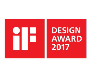 Straight-on view of the official red-and-white iF Design Award 2017 logo badge, featuring the iconic white lowercase 'if' emblem inside a red rectangle next to a matching red rectangle containing the text 'DESIGN AWARD 2017' on a white background.