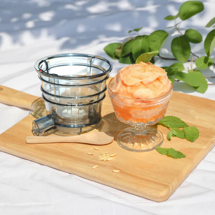 Kuvings AUTO10S sorbet filter attachment with homemade fruit sorbet, showing how to use the sorbet strainer.