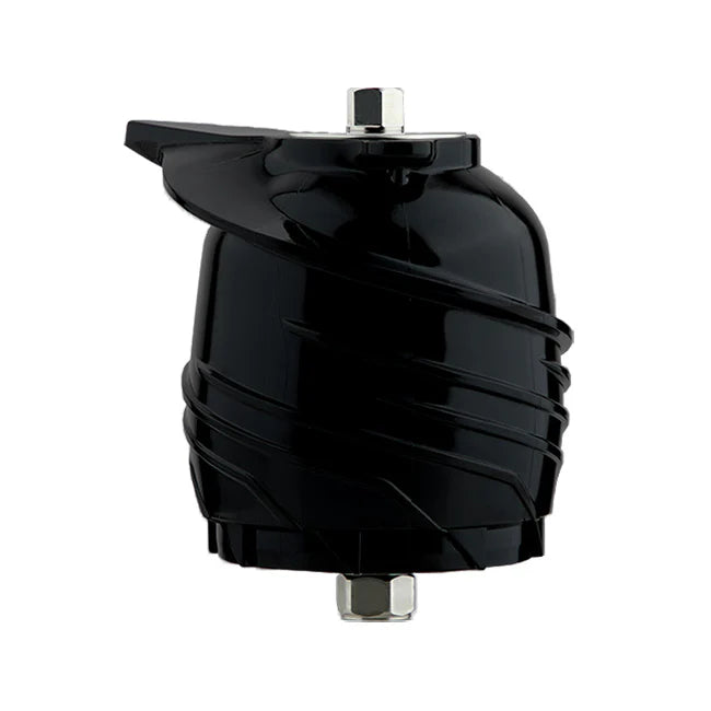 Studio product shot of the black Ultem auger juicing screw for the Kuvings AUTO10S slow juicer, showing its wide shape, spiral ridges, and top metal pin against a white background.