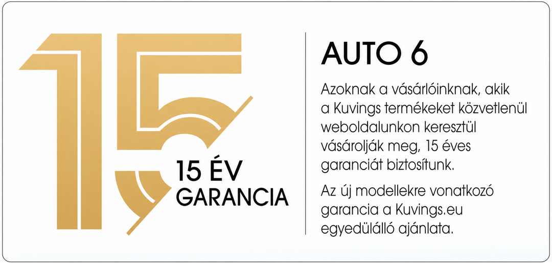 Hungarian warranty infographic for the Kuvings AUTO6 juicer featuring a large golden "15" graphic alongside text explaining the exclusive 15-year warranty offer for direct website purchases on a white background.
