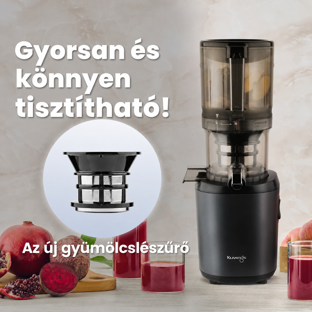 Hungarian product infographic for the Kuvings AUTO6 juicer with large text about easy cleaning, showing a circular inset of the new juicing strainer next to the graphite grey appliance and glasses of red beetroot juice.