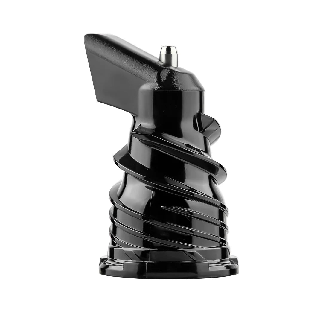 Studio product shot of the black Ultem auger juicing screw for the Kuvings AUTO8 slow juicer, showing the crushing wings and spiral ridges on a white background.