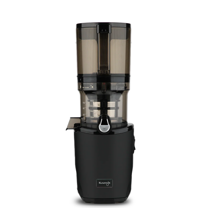 Straight-on studio product shot of a black Kuvings AUTO8 whole slow juicer featuring a large 2000ml transparent grey auto-hopper container assembly, isolated against a transparent grid background.