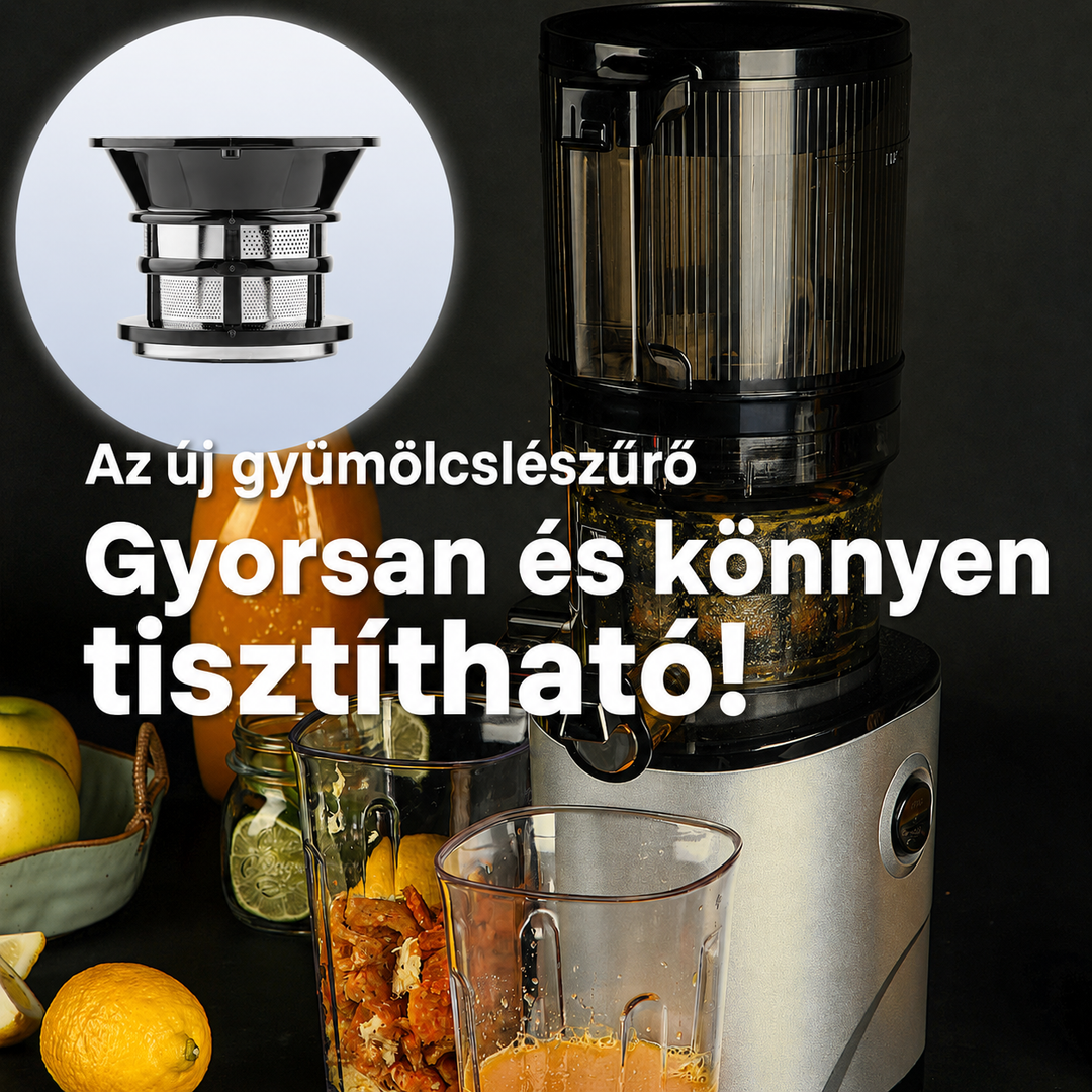 Hungarian product infographic for the Kuvings AUTO8 juicer with large white text highlighting fast and easy cleaning, featuring a circular inset of the new juicing strainer alongside a silver appliance setup with fresh lemons, yellow apples, and a pitcher of orange juice against a black background.