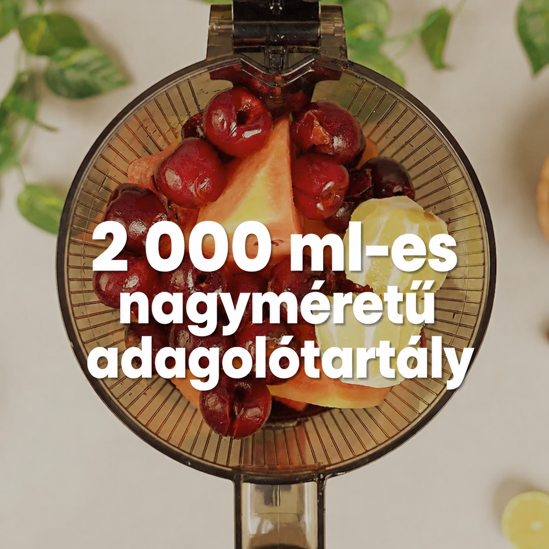 Top-down product shot of the large transparent grey auto-hopper on a Kuvings AUTO8 slow juicer filled with whole cherries and sliced lemons, featuring white Hungarian overlay text emphasizing the 2000ml capacity.