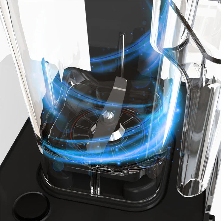 High-angle close-up view of a product rendering for the Kuvings CB1000 blender jar, showcasing the stainless steel blade assembly surrounded by a glowing blue swirl graphic representing blending vortex action.