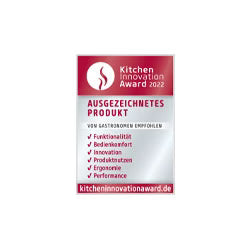 Straight-on, eye-level view of the red and silver 'Kitchen Innovation Award 2022 - Ausgezeichnetes Produkt' badge logo, centered within a white square on a dark background.