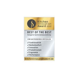 Straight-on, eye-level view of the gold and silver 'Kitchen Innovation Award 2022 - Best of the Best' badge logo, centered within a white square on a dark background.