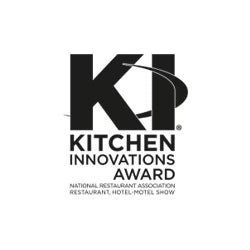 Straight-on, eye-level view of the black and white 'KI Kitchen Innovations Award' logo by the National Restaurant Association, centered within a white square on a dark background.