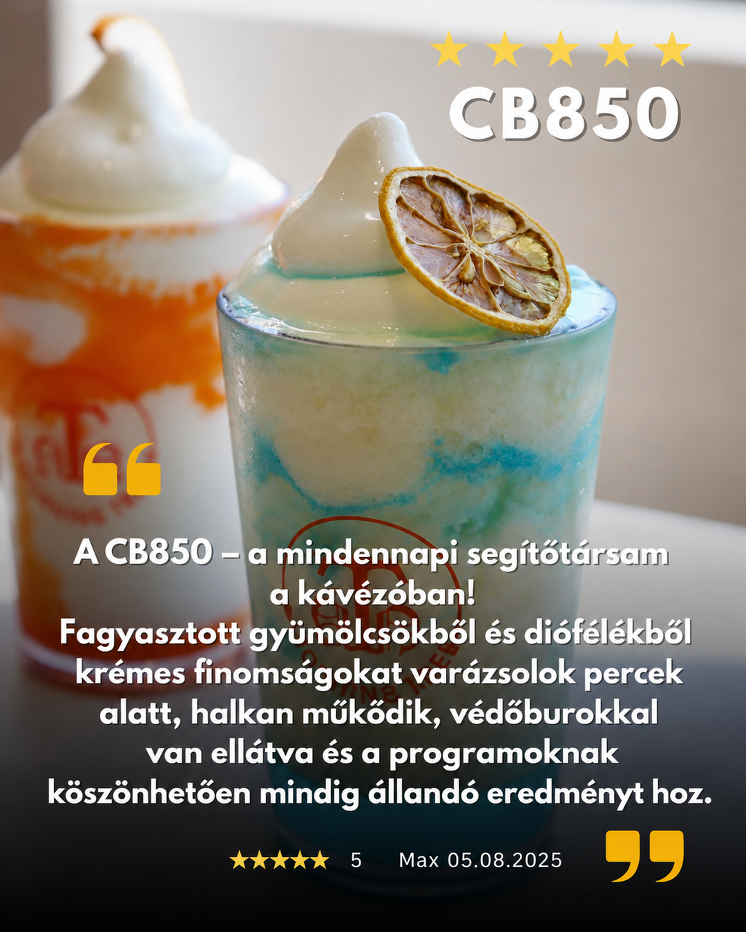  Kuvings CB850 customer review image showing creamy frozen fruit dessert with lemon garnish and five-star rating.
