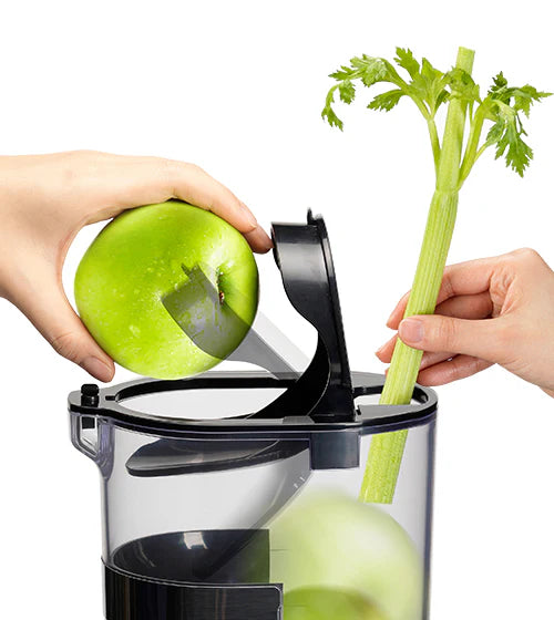Straight-on, eye-level close-up studio shot demonstrating the dual feeding chute lid of a Kuvings CS600 Chef slow juicer, showing one hand dropping a whole green apple into the wide flap opening while another hand inserts a stalk of celery into the narrow chute against a white background.