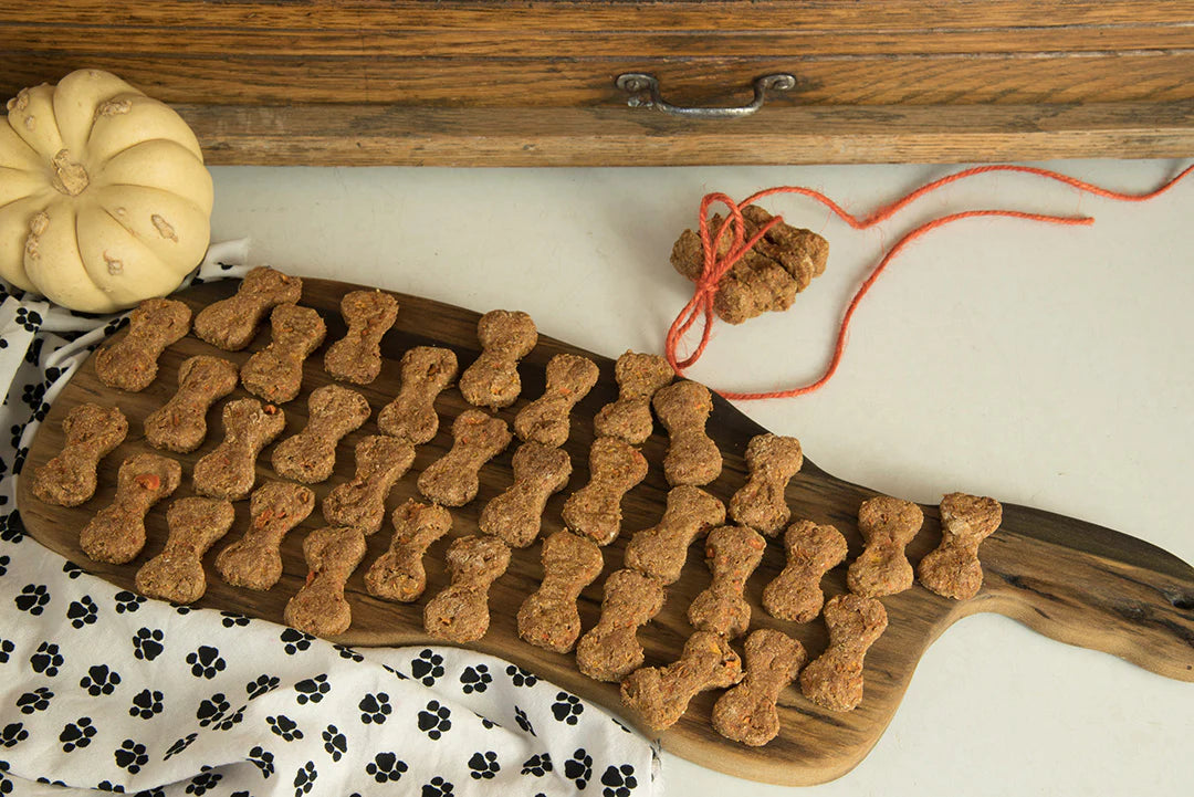 Wooden paddle with dog treats shaped like bones on a white surface with a pumpkin and string in the background. Made with carrot pupls with kuvings.