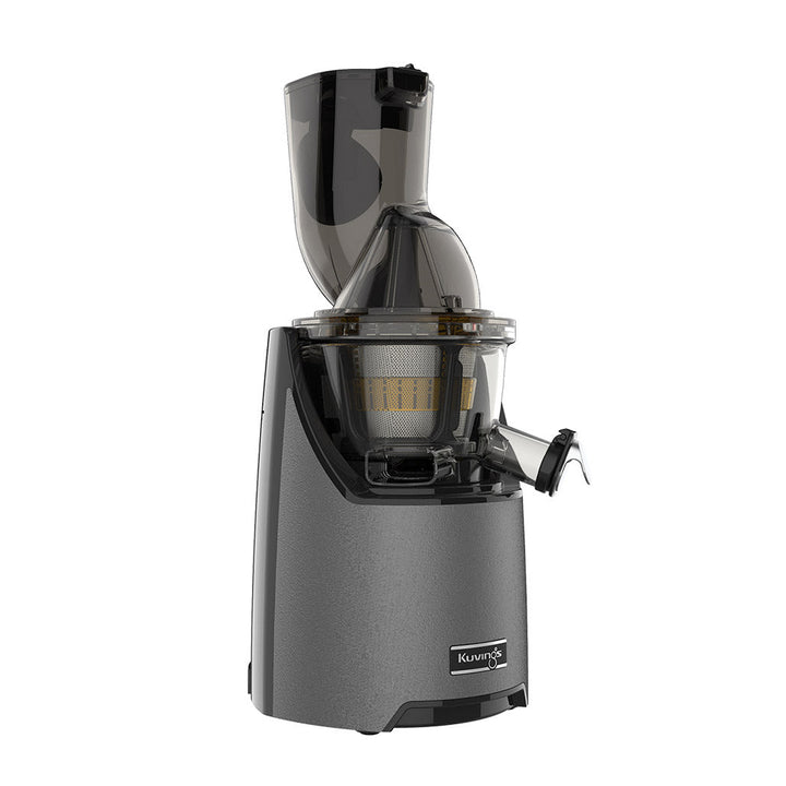 Kuvings EVO820 gunmetal grey slow juicer left side view with wide feeding chute and vertical cold press design.