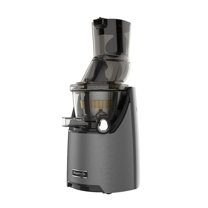 Kuvings EVO820 gunmetal grey slow juicer right side view with wide feeding chute and vertical cold press design.