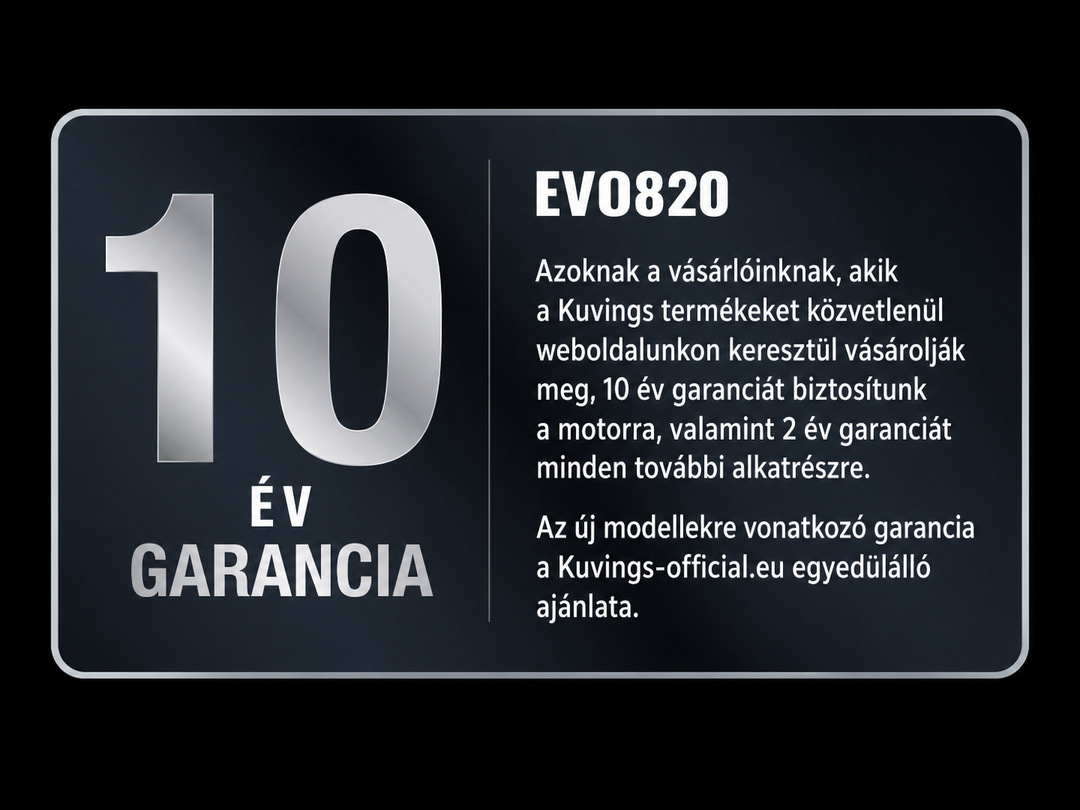Straight-on view of a horizontal marketing badge with a silver border and dark slate gray background, featuring a large silver metallic number 10 above 'ÉV GARANCIA' on the left, separated by a thin white line from Hungarian text on the right detailing a 10-year motor warranty and 2-year parts warranty for the Kuvings EVO820 slow juicer.