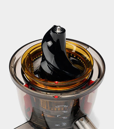 High-angle close-up studio product shot looking down into the open juicing bowl of a Kuvings EVO820 whole slow juicer, showing the glossy black single-vane auger juicing screw nested inside the metal mesh strainer and rotation wiper mechanism against a light grey background.