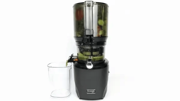 Black and silver auto10s juicer with fruits and vegetables on a white background