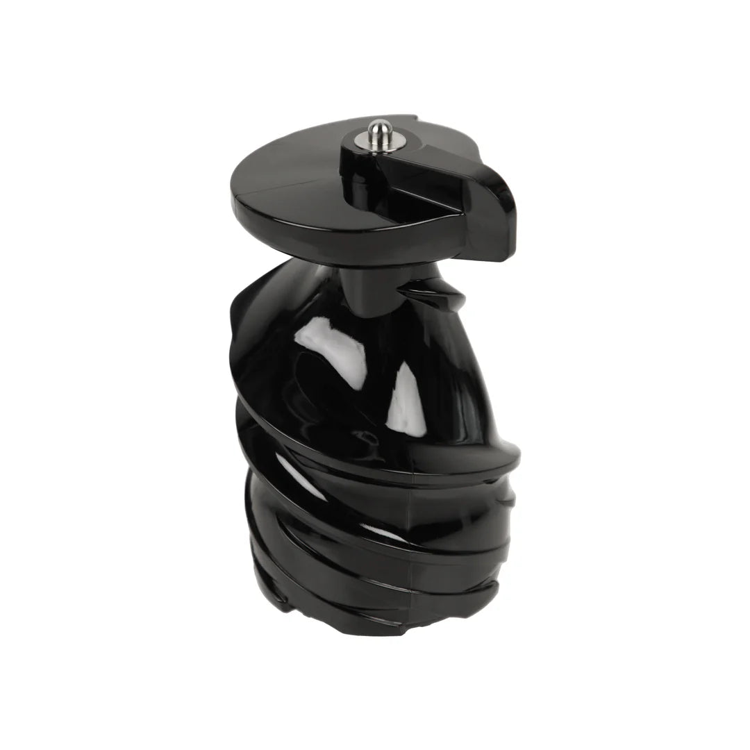 Studio product shot of the standalone glossy black auto-cutting auger screw component for a Kuvings REVO830 slow juicer, showing the integrated cutting blade flange at the top against a white background.