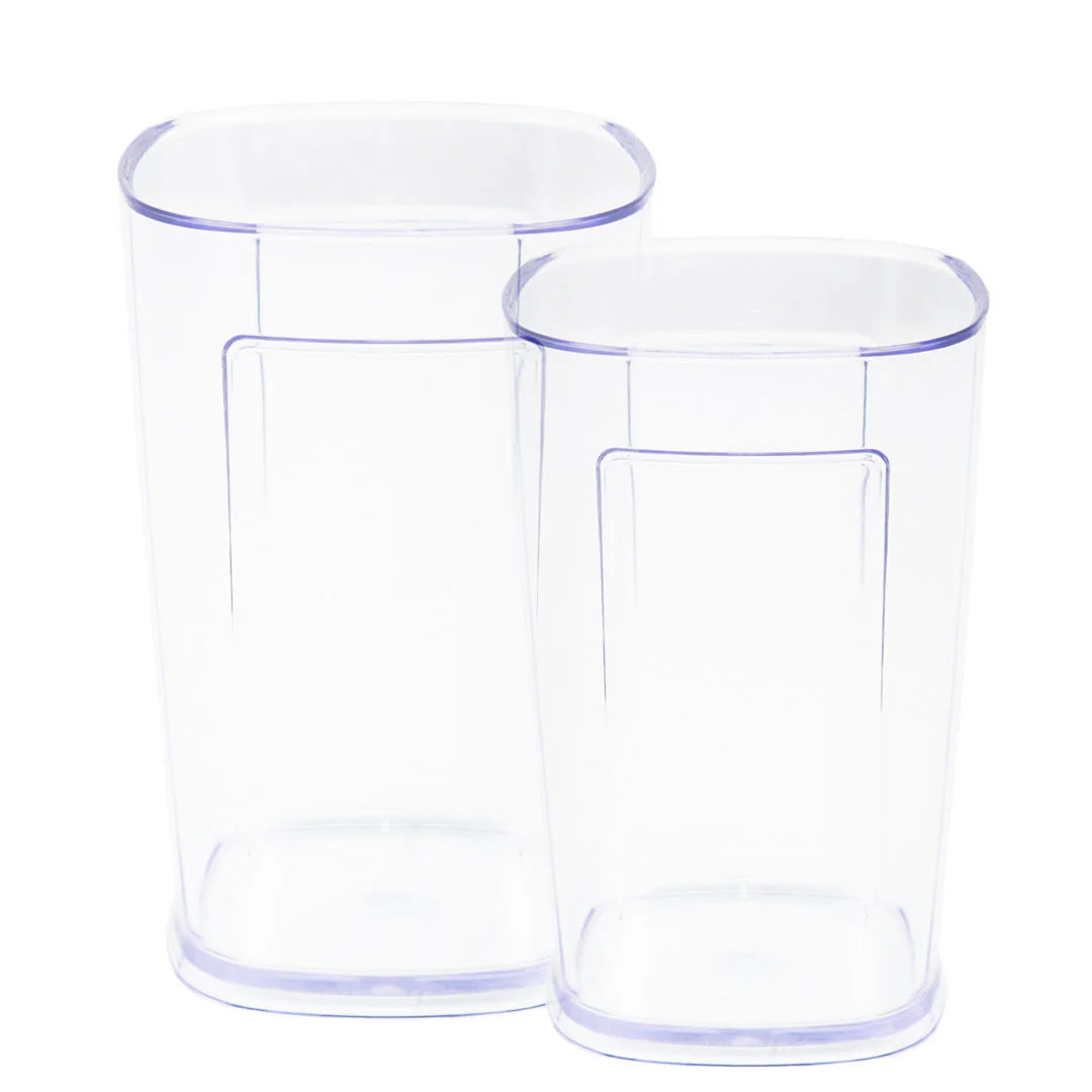Studio product shot of two transparent plastic collection cups for the Kuvings REVO830 slow juicer, showing one taller juice pitcher and one shorter pulp container side-by-side against a white background.