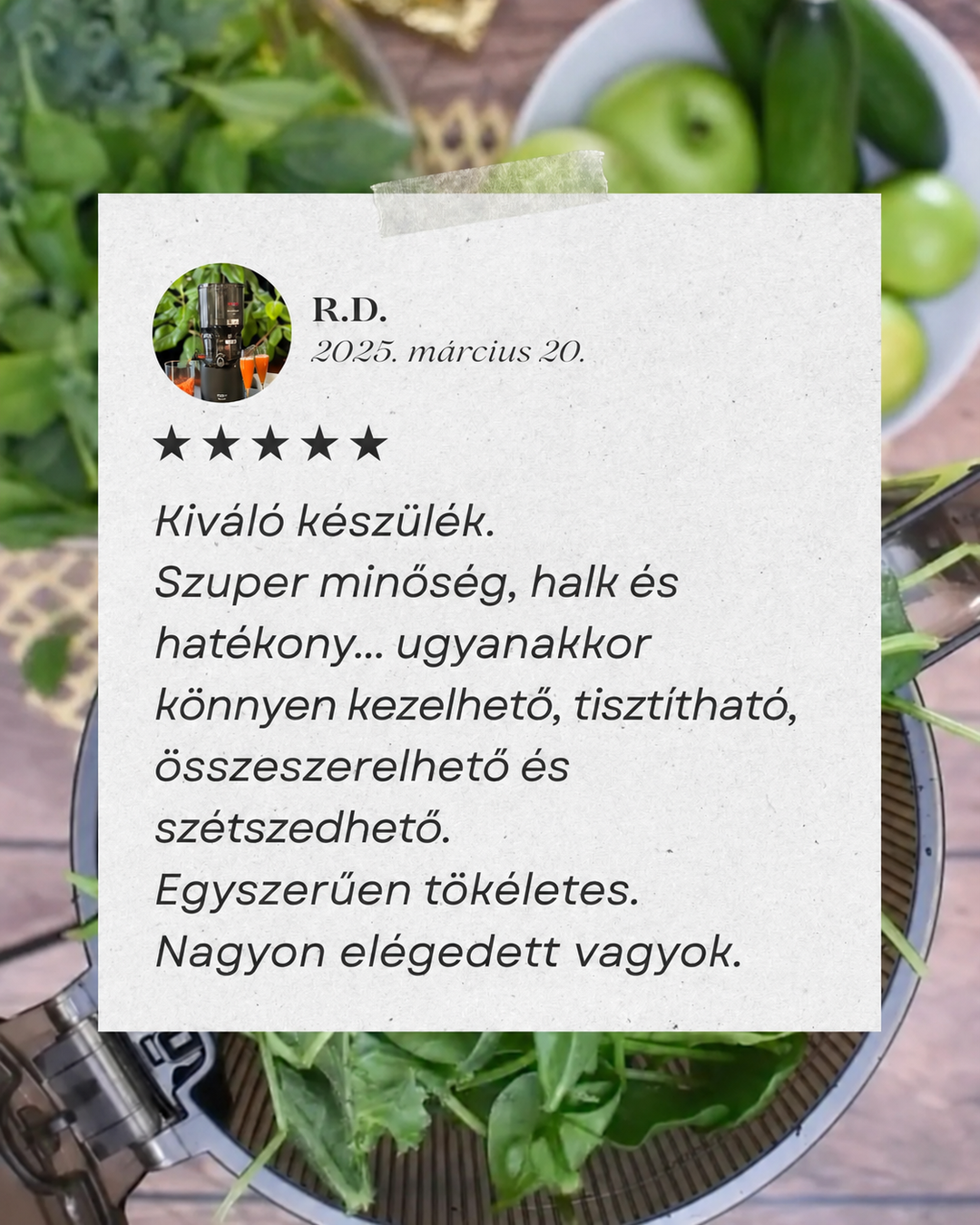 A 5-star customer review graphic in Hungarian by R.D., styled as a taped note overlaying a background of fresh green vegetables and apples, calling the appliance perfect, efficient, quiet, and easy to clean.