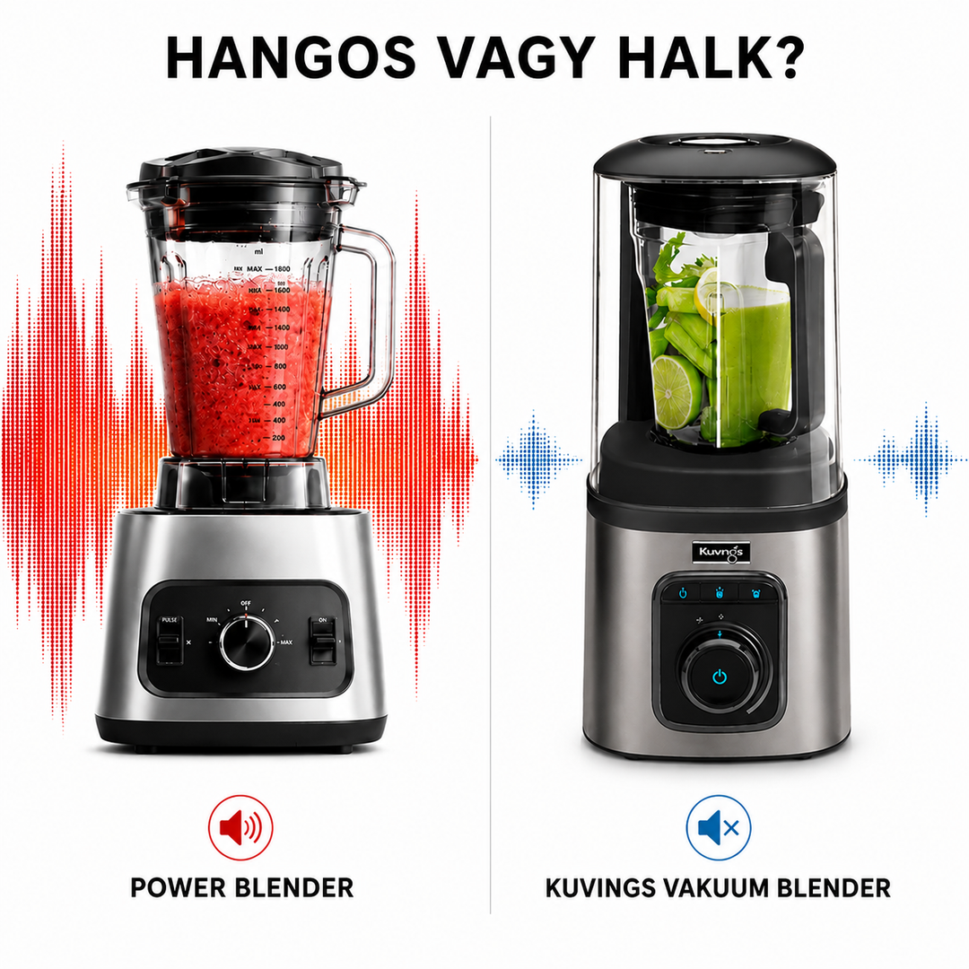 Infografik zum Geräuschvergleich von Kuvings Vakuum-Blendern, die einen Hochleistungs-Mixer mit einem leiseren Vakuum-Mixer vergleicht.