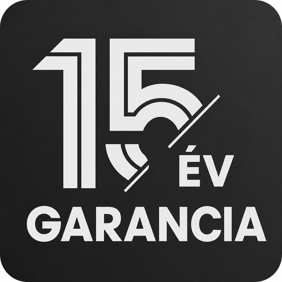 Hungarian product warranty badge featuring a large stylized white "15" graphic above the text "15 ÉV GARANCIA" on a square black background with rounded corners