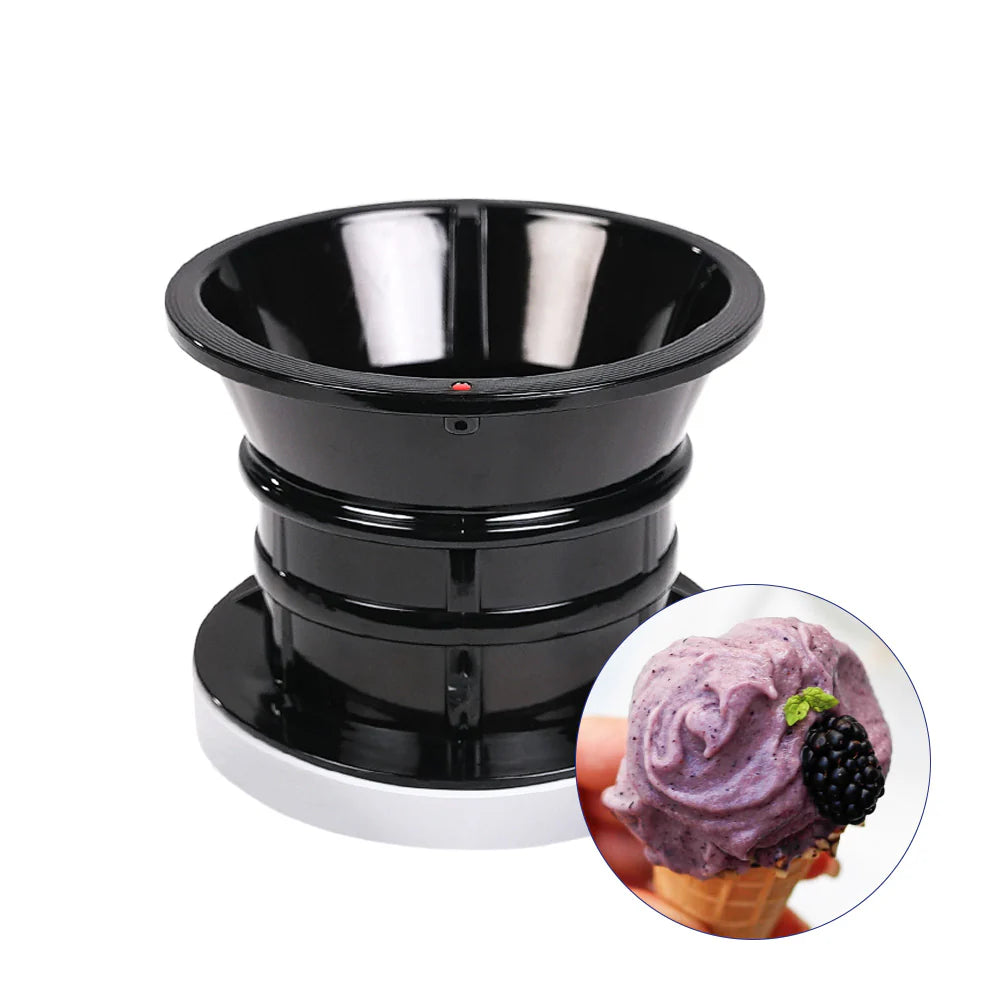 Studio product shot of the black blank sorbet strainer for a Kuvings slow juicer, featuring a circular inset of a blackberry ice cream cone on a white background.