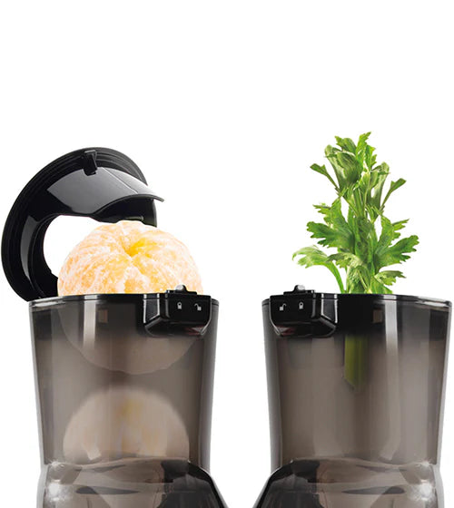 Straight-on studio product shot side-by-side comparison of a Kuvings whole slow juicer's dual-entry feeding system, showing a whole peeled orange resting in the wide flip-gate chute opening on the left, and a stalk of leafy green celery inserted into the smaller vertical ingredients chute on the right, against a white background.