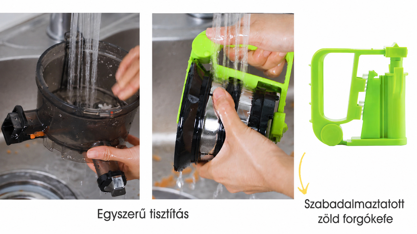 Infographic showing how to clean a Kuvings slow juicer bowl and strainer under running tap water using the patented green rotary brush tool.