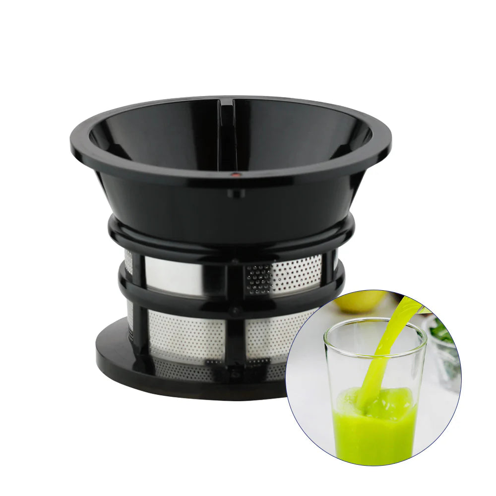 Studio product shot of the black fine mesh juicing strainer for a Kuvings slow juicer, featuring a circular inset of vibrant green juice being poured into a glass on a white background.