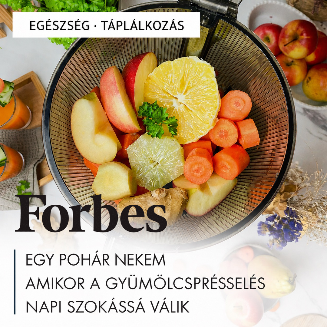 Forbes magazine editorial graphic featuring a top-down view of a Kuvings slow juicer hopper filled with cut apples, an orange, lemon, ginger, and carrot rounds. The layout includes the "Forbes" logo, a top banner reading "EGÉSZSÉG • TÁPLÁLKOZÁS", and Hungarian text discussing how juicing becomes a daily habit.
