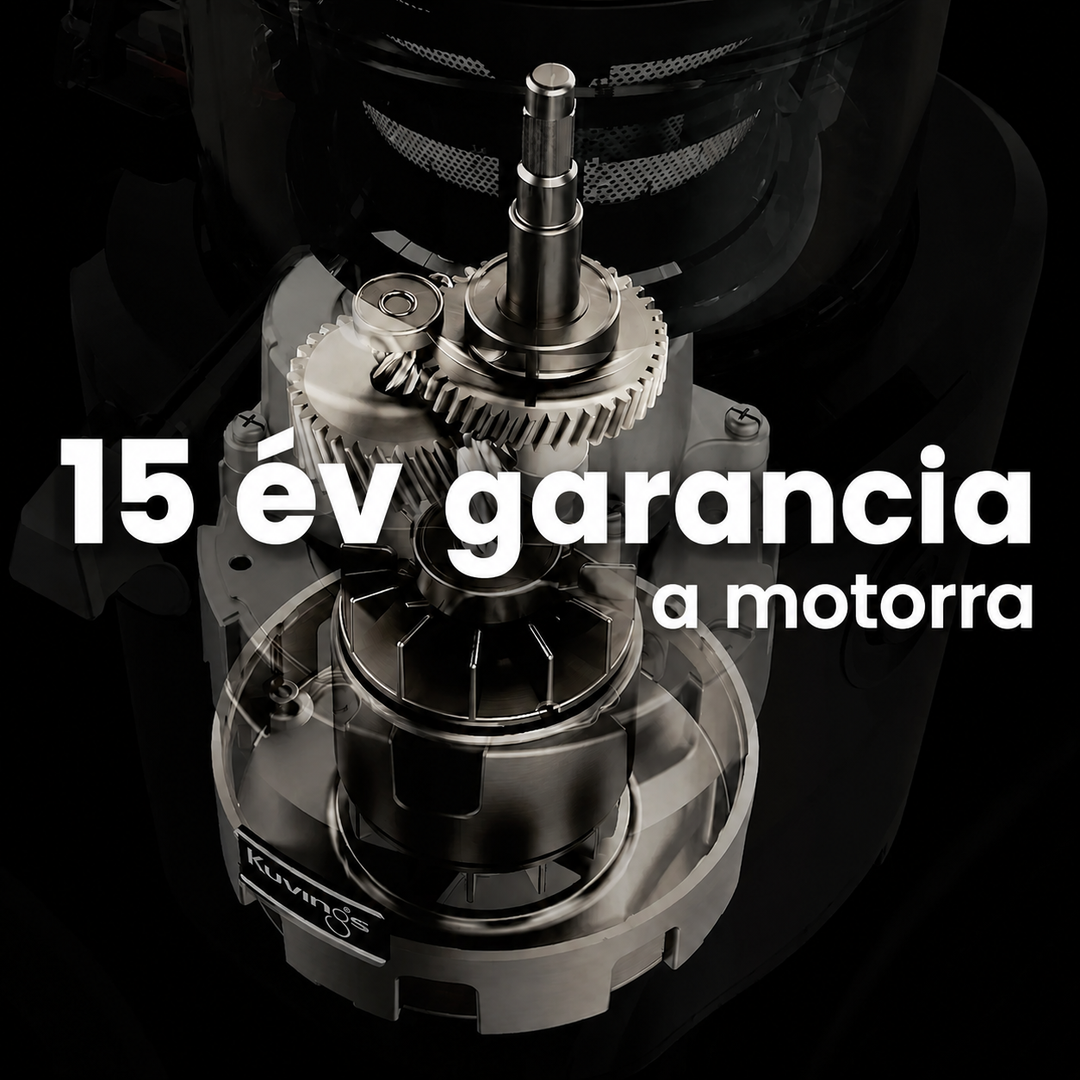 X-ray cutaway view showing the internal steel gears and motor of a Kuvings slow juicer, with bold white Hungarian overlay text announcing a 15-year motor warranty.