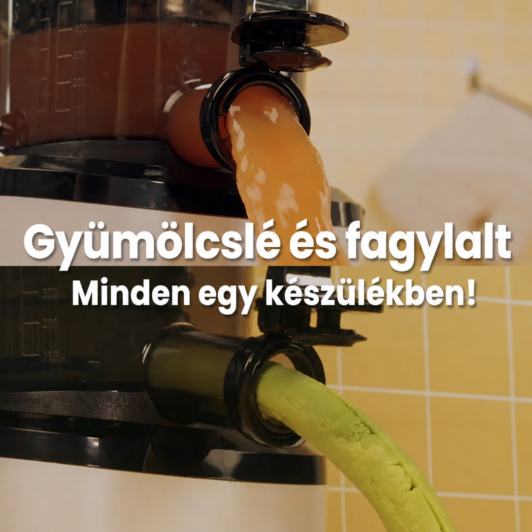 Hungarian product infographic for a Kuvings slow juicer split into two action shots. The top panel shows fresh orange juice pouring from the smart cap spout. The bottom panel shows thick green sorbet ice cream extruding from the outlet, with white text overlay stating it does both in one appliance.