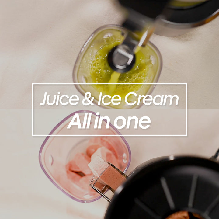 Kuvings auto10s blender pouring green juice into a glass with pink ice cream, text overlay &