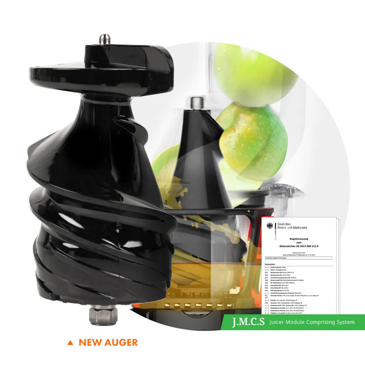 Black juicer module with apples inside on a white background