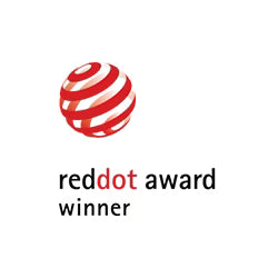 Straight-on view of the official Red Dot Design Award winner logo badge, featuring a three-dimensional sphere composed of red and white wrapped stripes above the lowercase text 'reddot award' and 'winner' on a white square background.