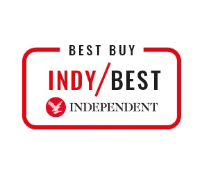 Straight-on view of the official Indy/Best Independent award logo badge, featuring a rounded red rectangle frame containing the text &