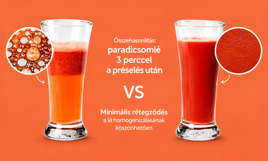 A promotional graphic on an orange background comparing two tall glasses of juice. The left glass shows orange juice with a layer of red pulp at the top and a circular inset showing the pulp texture.